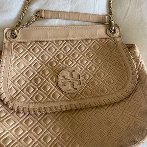 Tory Burch Beige Quilted Leather Marion Shoulder Bag